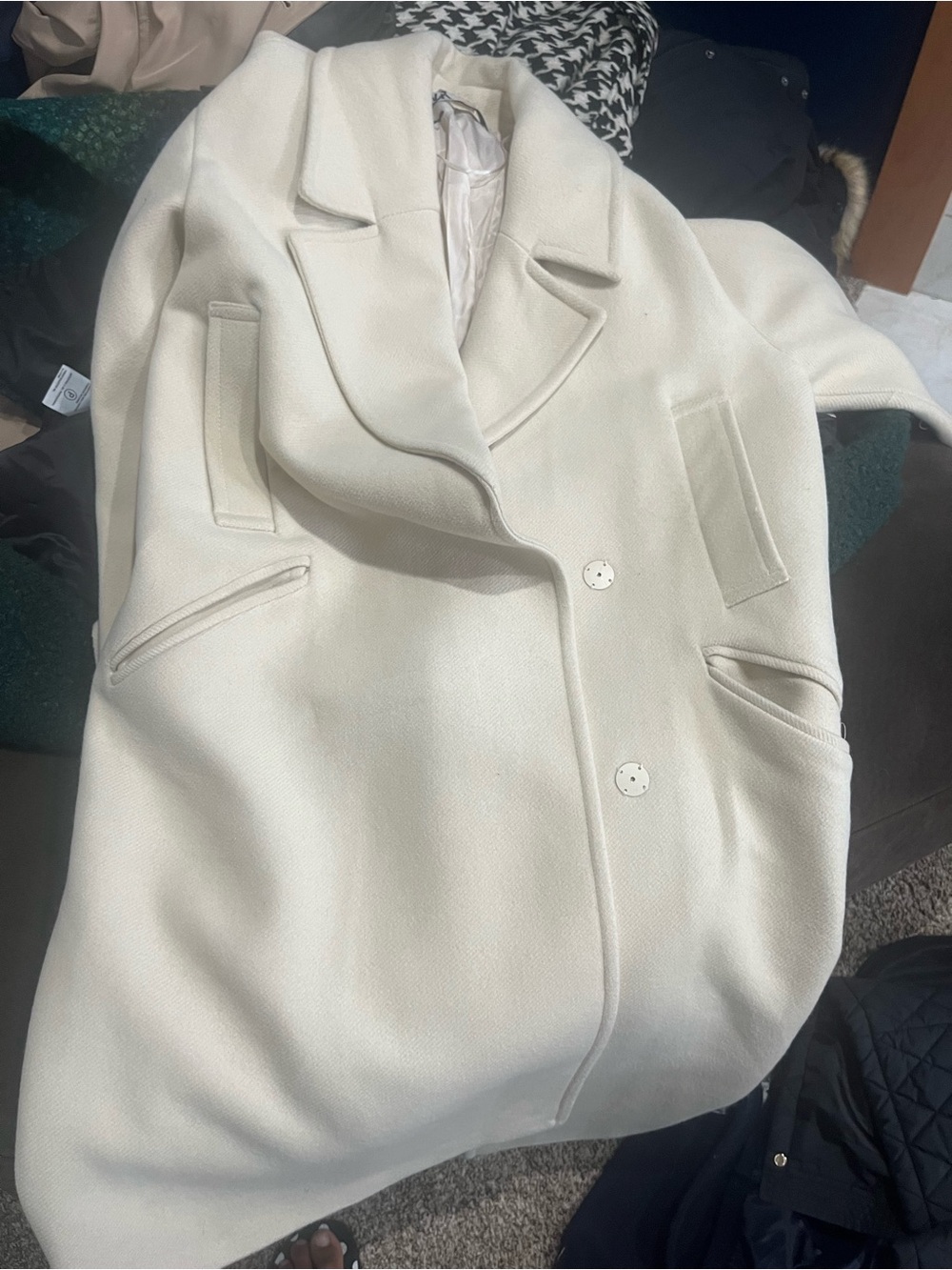 Zara Classic Women's Cream Double-Breasted Wool Coat